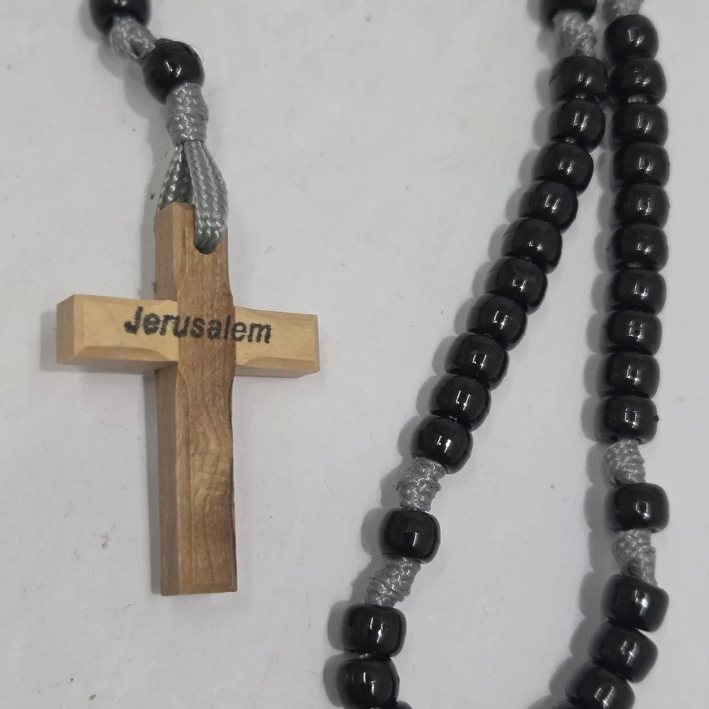 JERUSALEM OLIVE WOOD‎ CRUCIFIX ROSARY BLACK BEADS CORD CATHOLIC PRAYER...